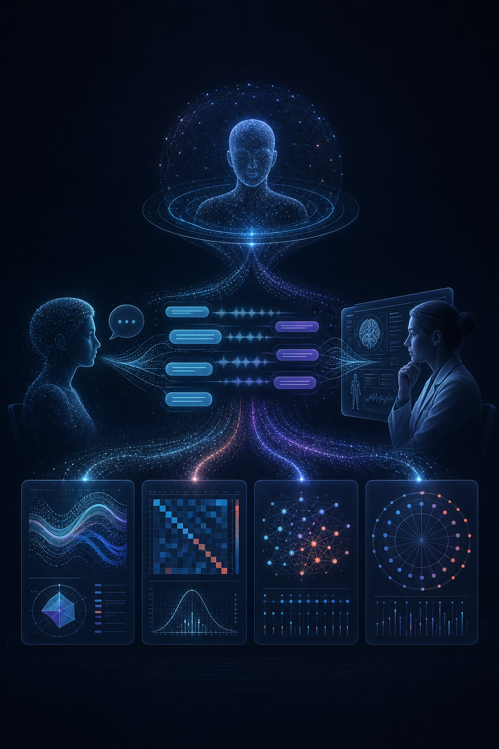 患者智能体与医生智能体开展动态问诊,评审智能体基于完整会话输出四类评测结果